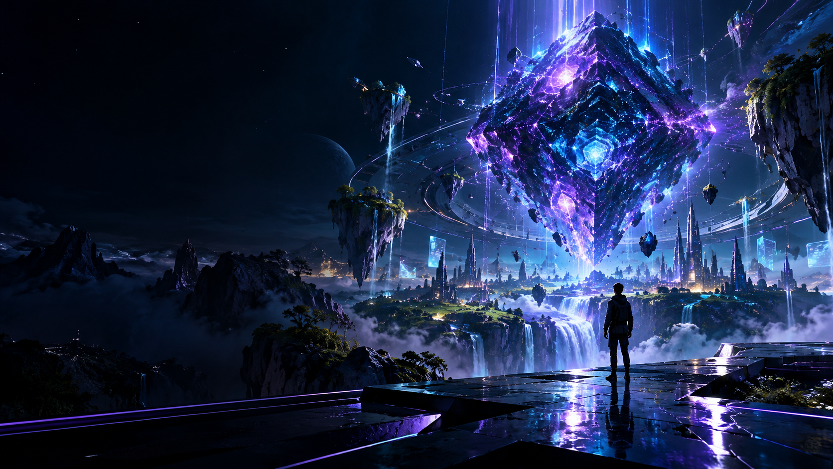 A lone explorer faces a vast, luminous science-fiction world